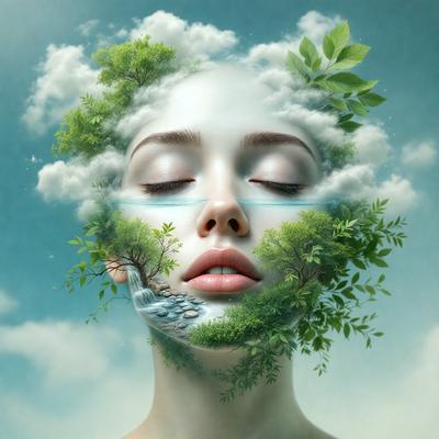 The primary subject of the image is a woman with a tree growing out of her head. The setting is a cloudy sky, and the visual style is a digital art or illustration. The dominant colors are blue and green, creating a serene and natural atmosphere.